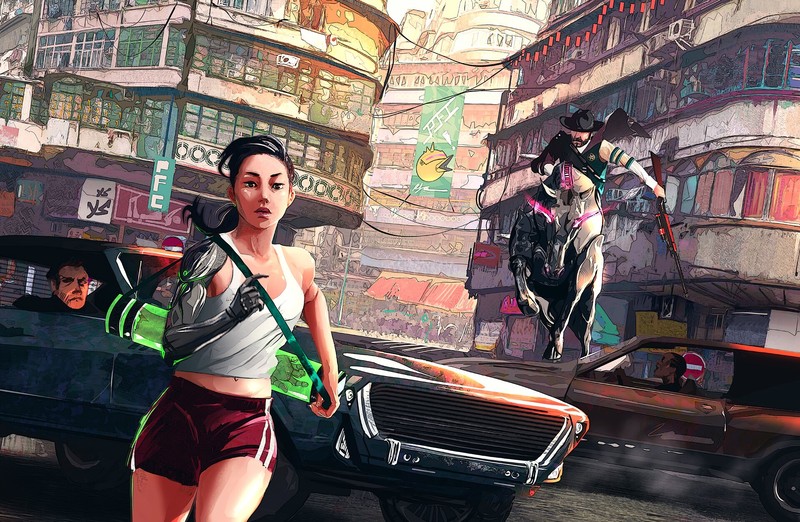 science fiction, women, brunette, ponytail, white tops, belly, short shorts, running, cyborg, sheriff, cowboys, horse, cyberpunk, futuristic, urban, environment, city, street, building, artwork, digital art, drawing, illustration