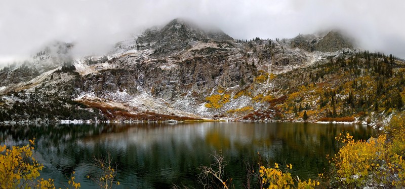 Utah, lake, water, mountains, mist, clouds, trees, landscape, nature