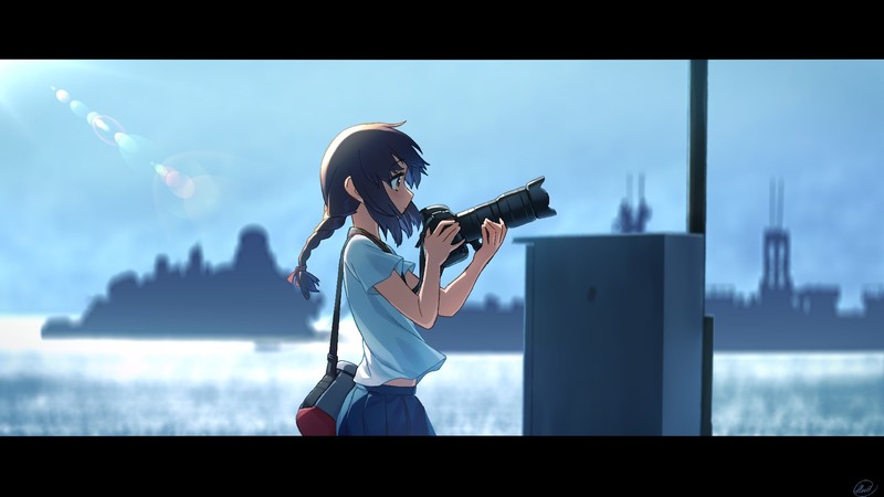 anime, anime girls, school uniform, camera, Kantai Collection, Isonami (KanColle)