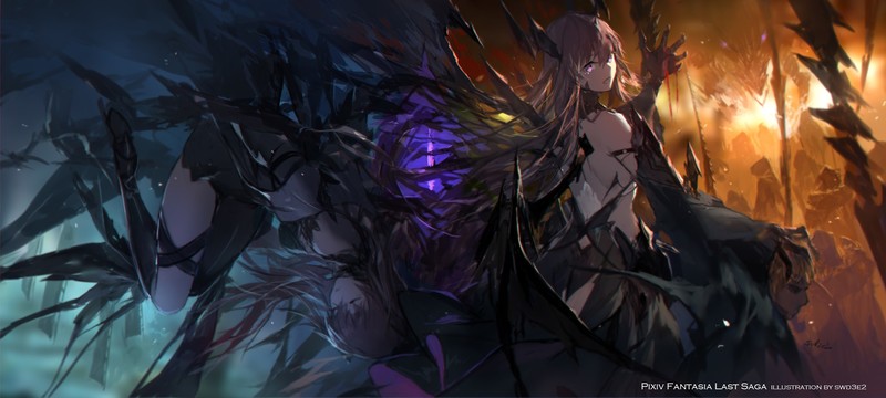 Pixiv Fantasia, anime girls, fantasy girl, women, brunette, long hair, armor, fantasy art, dark fantasy, horns, wings, artwork, drawing, digital art, illustration, swd3e2, anime