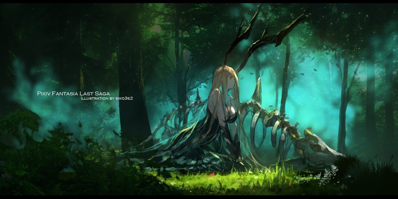Pixiv Fantasia, anime girls, fantasy girl, women, blonde, long hair, fantasy art, dark fantasy, antlers, profile, cleavage, dress, skeleton, bones, grass, forest, trees, environment, artwork, drawing, digital art, illustration, swd3e2, anime