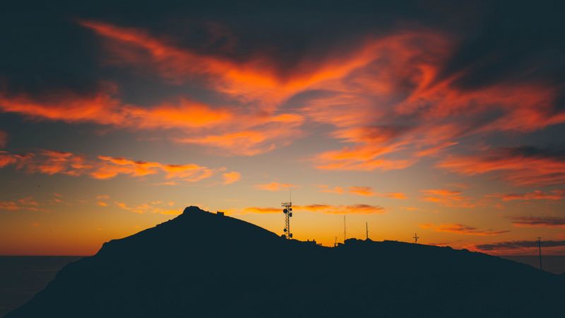 evening, hill, radio tower, clouds, outlines, dark, 4k