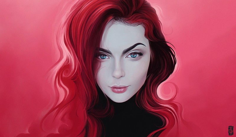 women, artwork, face, portrait, pink background, redhead, blue eyes, long hair, red