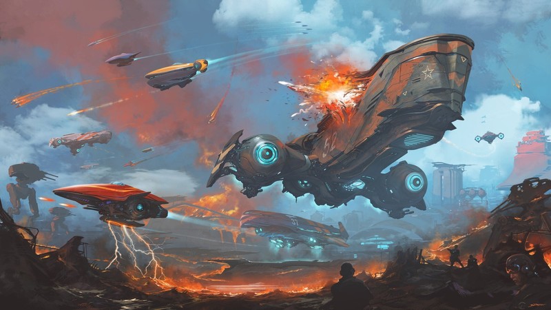 artwork, science fiction, vehicle, battle, explosion, sky