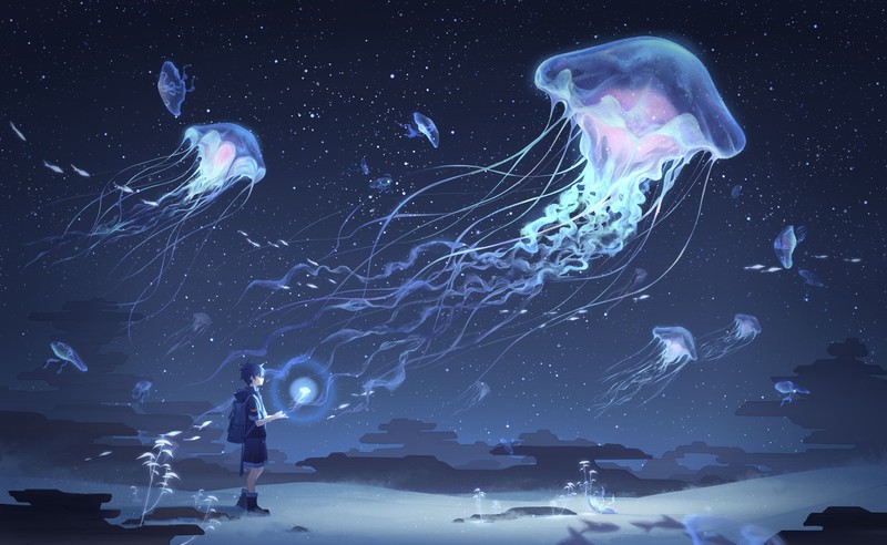 jellyfish, night, sky, clouds, stars, fish, bright