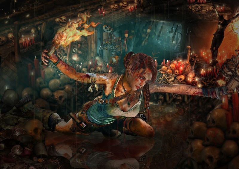 fan art, Lara Croft, Tomb Raider, video games, skull, torches, video game art