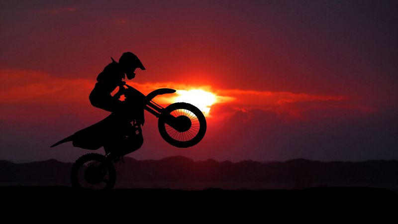 motorcycle, motorcyclist, cross, stunt, silhouette, sunset, 4k