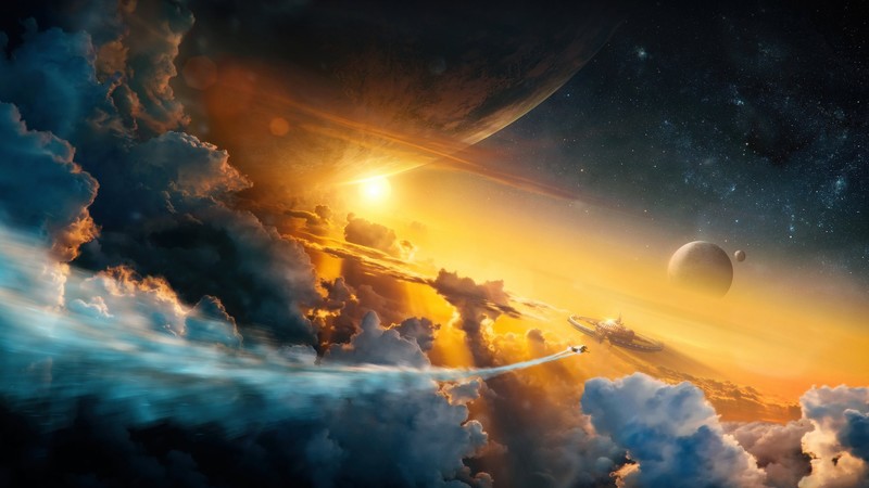 science fiction, space, space art, digital art, clouds, planet, sky, Sun