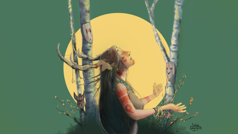 fantasy art, fantasy girl, nature, mask, trees, Native Americans, antlers