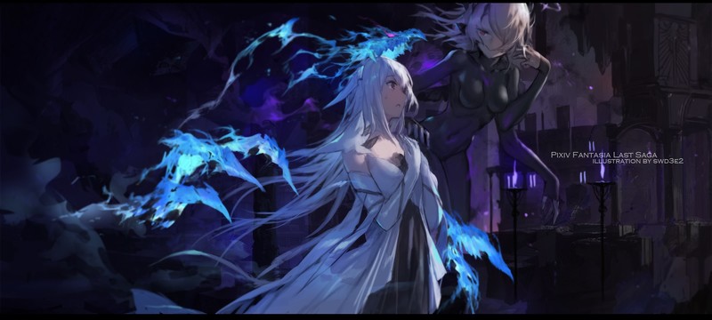Pixiv Fantasia, anime girls, anime, women, fantasy girl, white hair, long hair, dress, dark, fantasy art, dark fantasy, red eyes, fan art, artwork, digital art, illustration, drawing, 2D, swd3e2