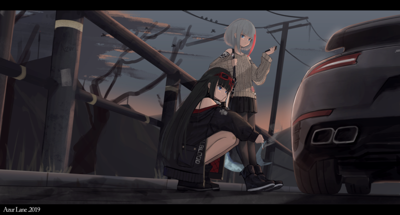 anime girls, anime, Azur Lane, Admiral Graf Spee (Azur Lane), Deutschland (Azur Lane), magpie_MKI, car, vehicle, long hair, dark hair, 2019 (Year), low-angle