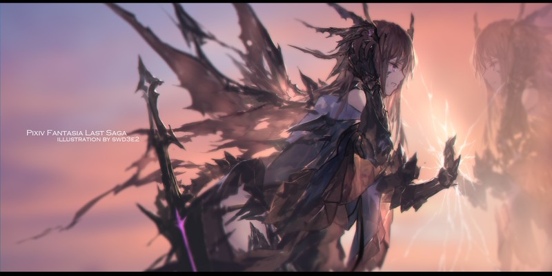 Pixiv Fantasia, anime girls, anime, women, fantasy girl, brunette, long hair, armor, wings, sword, mirrored, fan art, artwork, digital art, illustration, drawing, 2D, swd3e2