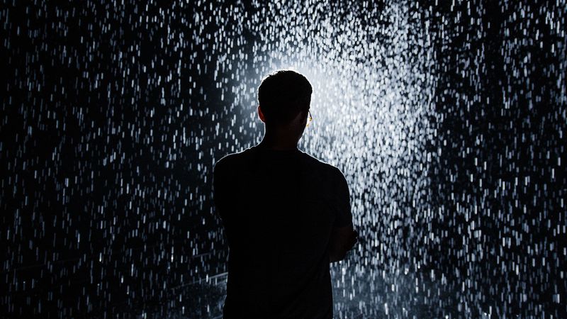 silhouette, rain, light, sparks, shine, 4k