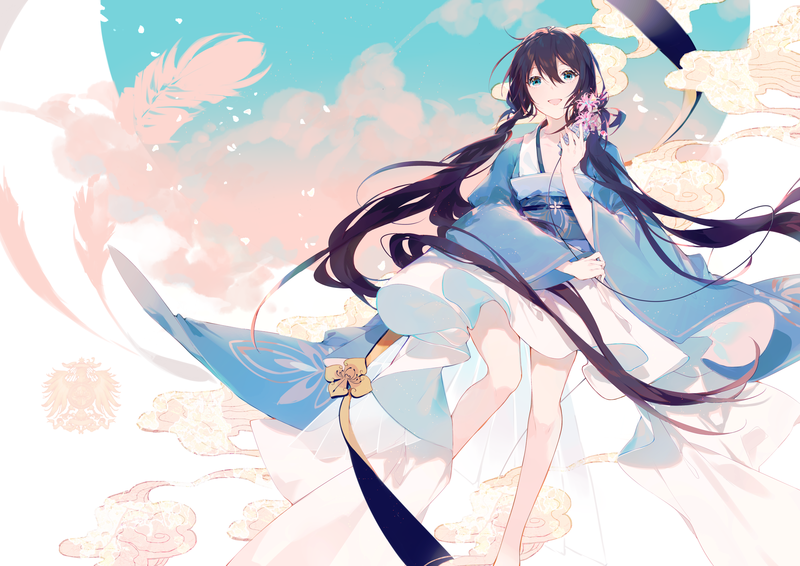 Xia Yu Yao, Utau, anime girls, anime, women, black hair, long hair, twintails, kimono, blue eyes, happy, microphone, singer, feathers, fan art, artwork, digital art, illustration, drawing, 2D, Miyuki, hanfu