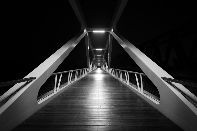 dark, night, black, monochrome, symmetry, bridge, wooden surface, architecture