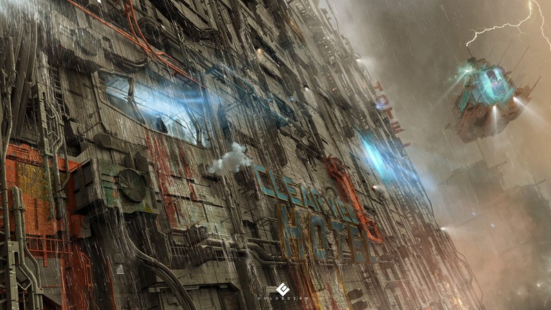 futuristic, building, cyberpunk, vehicle, rain, environment, artwork, digital art, drawing, concept art, lightning, science fiction
