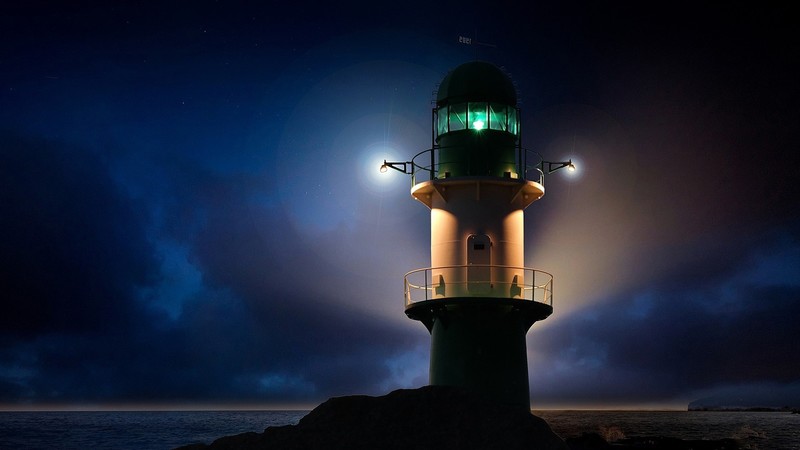 lighthouse, night, lights, night sky, sky, blue, sea, coast, horizon