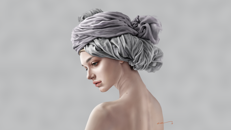 women, portrait, gray eyes, looking away, bare shoulders, back, cloth, artwork, digital art, drawing, digital painting, gray background, simple background, Jinsung Lim