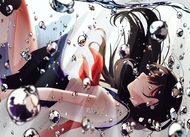 underwater, anime, anime girls, sailor uniform, foam, water, black hair, bubble, dark hair, bubbles, miniskirt