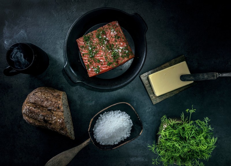 still life, food, bread, Butter, meat, salt