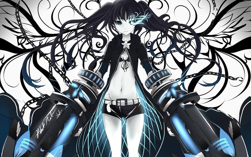 anime, Black Rock Shooter, anime girls, dark hair, pants, blue eyes, belly, long hair, cyan