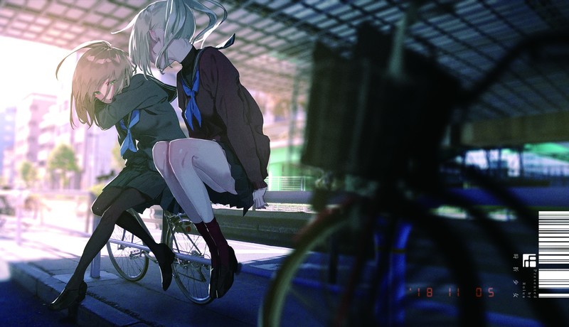 bicycle, fence, anime, anime girls, schoolgirl, urban, legs, legs together, numbers