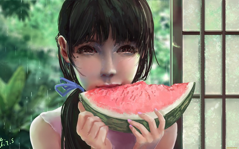 anime girls, anime, anime girls eating, fruit, food, watermelons