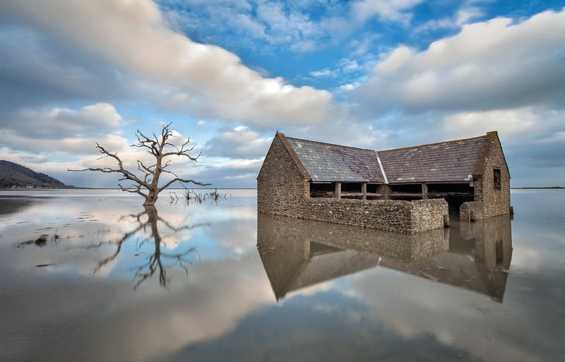 ruin, water, trees, sky, reflection, building