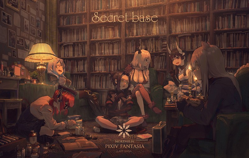 anime girls, Pixiv Fantasia, room, Pixiv, anime, legs crossed, interior, on the floor, redhead, horns