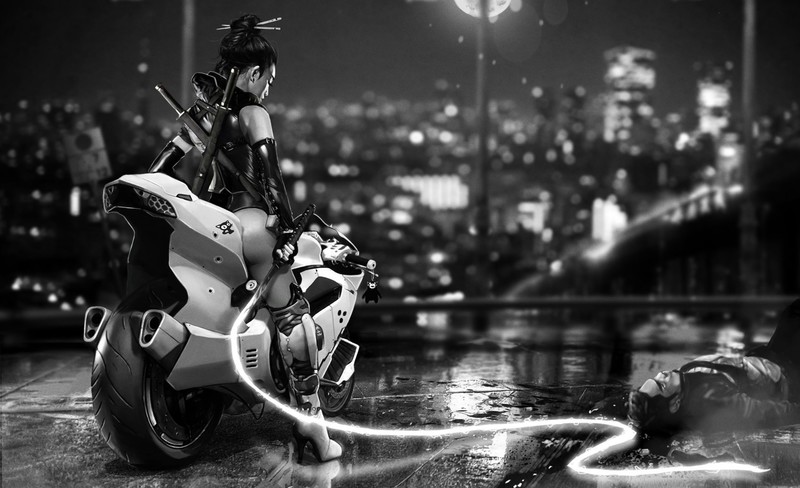 cyberpunk, motorcycle, Asian, science fiction, futuristic, fantasy art, fantasy girl, monochrome
