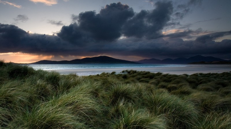 clouds, sky, lake, grass, shore, sea, landscape
