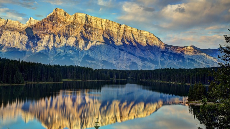 mountains, trees, sky, reflection