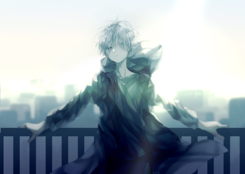 anime, anime boys, city, wind, fence, Male