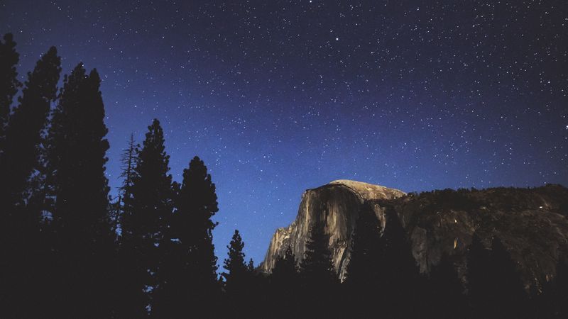 night, trees, mountains, stars, forest, 4k