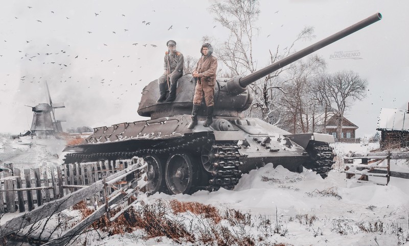 tank, military, artwork, soldier, vehicle, T-34-85