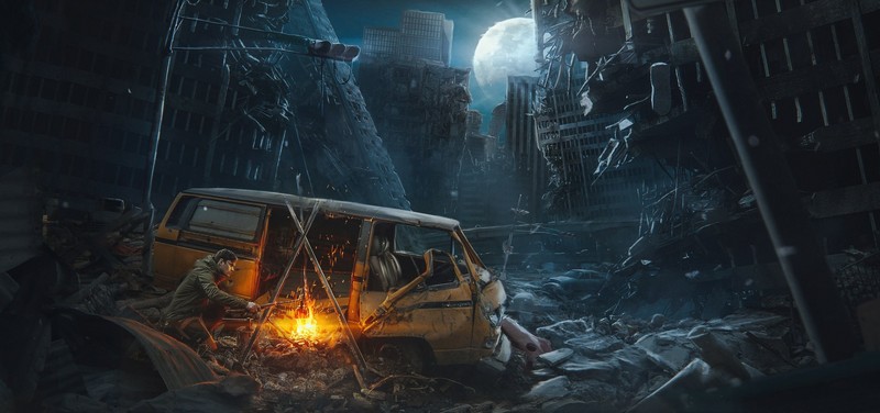 apocalyptic, ruin, night, fireplace, artwork