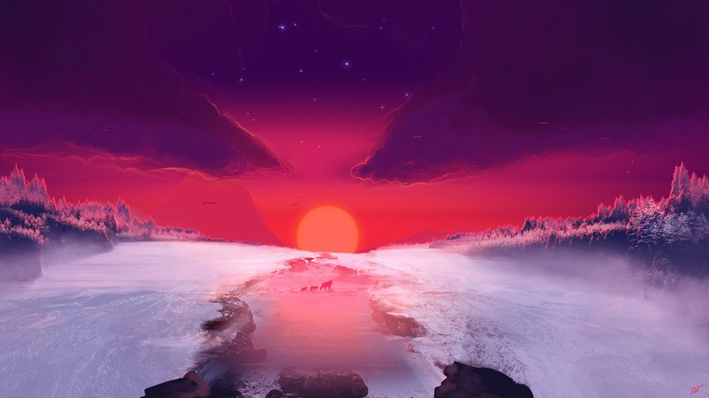 nature, sky, landscape, artwork, winter, ice, Sun, clouds, JoeyJazz