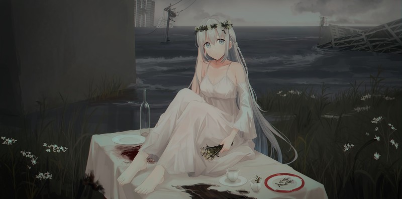 anime girls, original characters, flower crown, women, white hair, long hair, gray eyes, dress, white dress, table, sea, flowers, apocalyptic, environment, artwork, digital art, drawing, illustration, 2D, Chihuri 45, anime