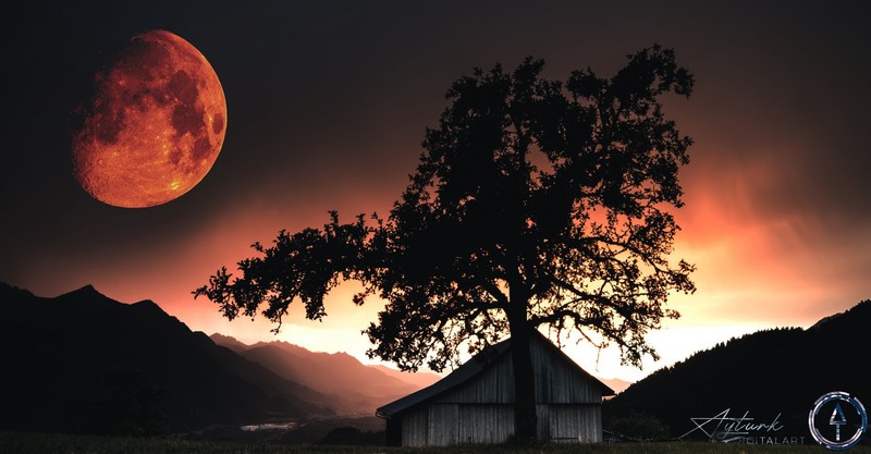 dark, night, cabin, Blood moon, galaxy, landscape, mountains, photo manipulation, photomontage, digital, artwork