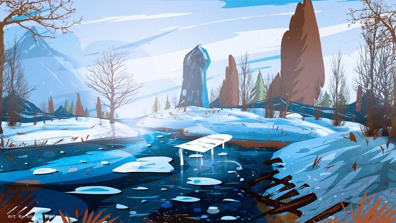 river, winter, snow, nature, artwork, cyan, frozen lake