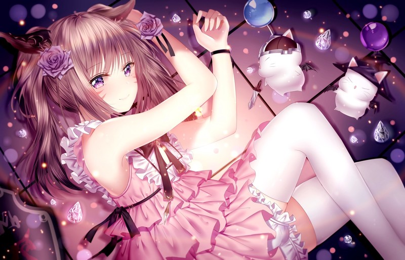anime girls, original characters, women, brunette, long hair, flower in hair, animal ears, looking at viewer, purple eyes, dress, pink dress, thigh-highs, lying on side, on the floor, sparks, top view, artwork, drawing, illustration, digital art, 2D, junpaku karen, smiling, anime
