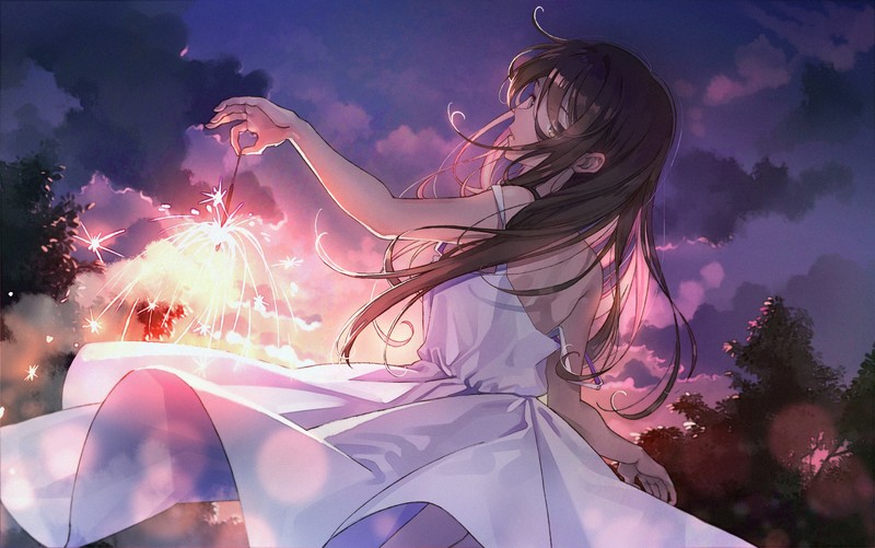 fireworks, anime, dress, sunset, anime girls, sky, clouds