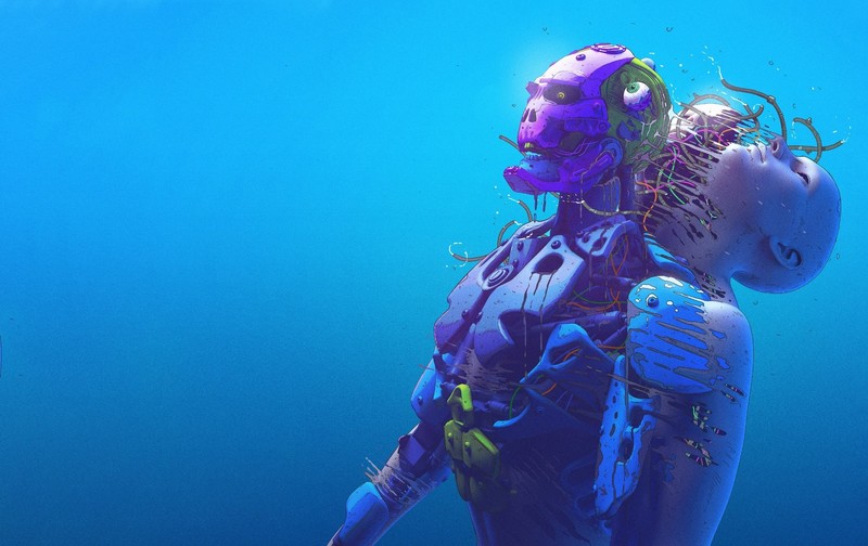 digital art, robot, science fiction, artwork, blue background, blue