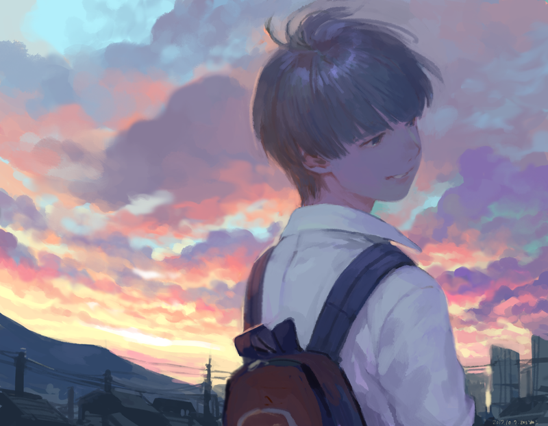 anime, anime boys, backpacks, Smile, sunrise, sky, clouds