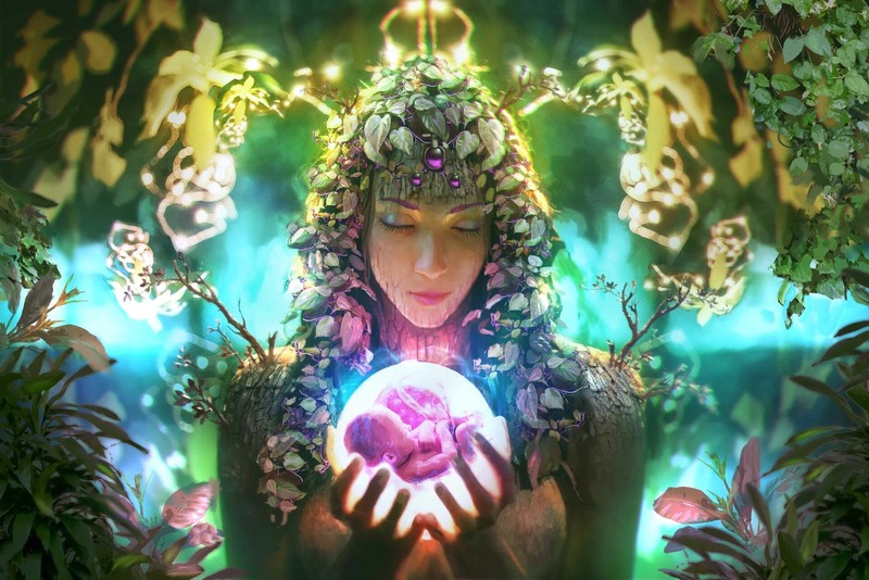 women, fairies, baby, fantasy art, forest, plants, artwork, digital art, drawing, illustration, environment, depth of field, portrait, frontal view, nature, fantasy girl, closed eyes, magic