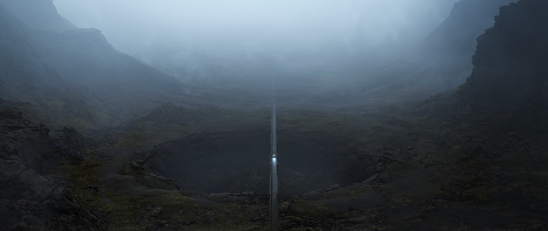 digital art, nature, landscape, clouds, mist, road, mountains, vehicle, bridge