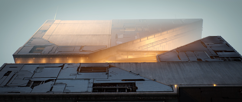 digital art, building, clouds, mist, facade, lights, sunrise