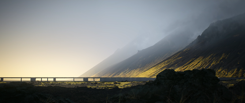 digital art, nature, landscape, clouds, mist, road, mountains, sunrise, ultrawide