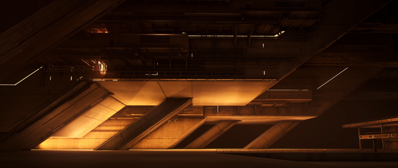 digital art, building, interior, lights