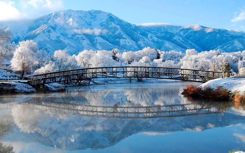 reflection, bridge, winter, snow, mountains, water, blue, snowy mountain